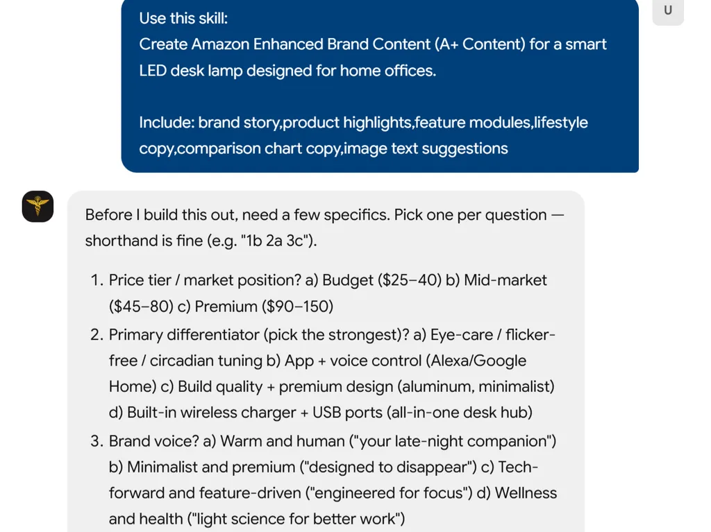 a simple demonstration of the second step in using Amazon Enhanced Brand Content agent skill