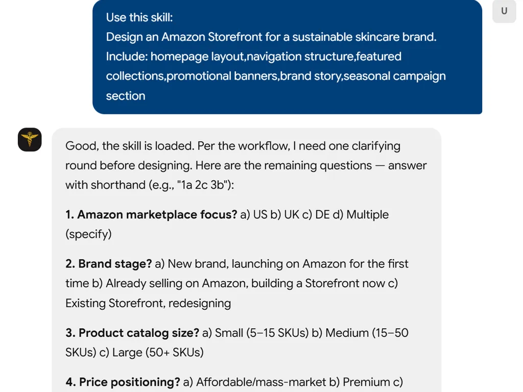 a simple demonstration of the second step in using Amazon Storefront Designer agent skill