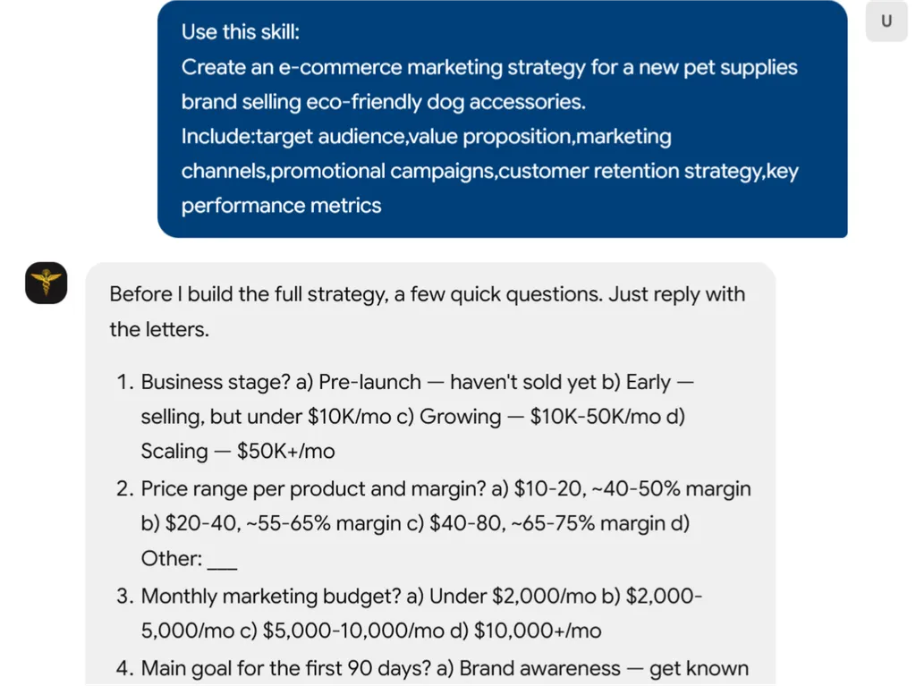 a simple demonstration of the second step in using E-Commerce Marketing Strategy Builder agent skill