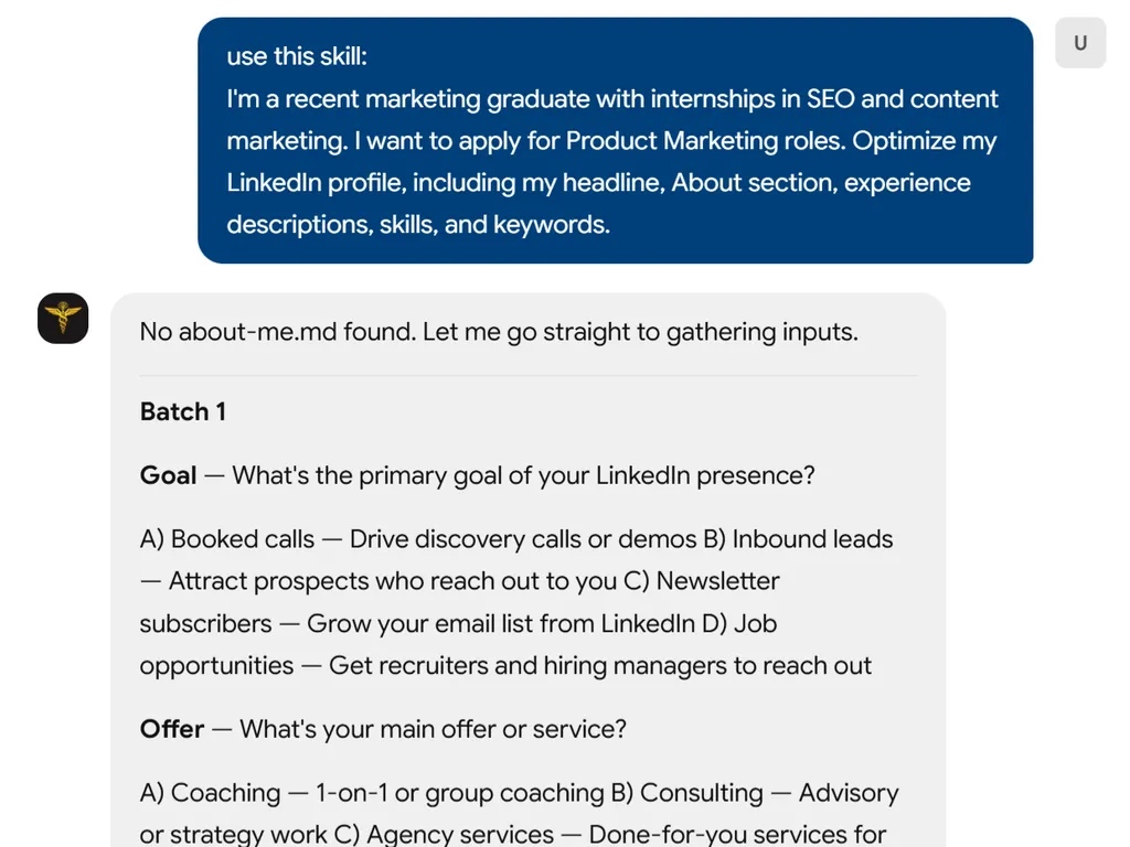 a simple demonstration of the second step in using LinkedIn Profile Optimizer agent skill