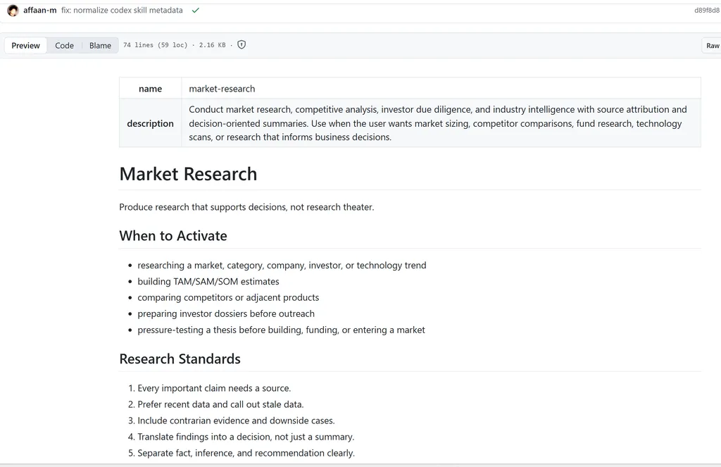 Market research A screenshot of a GitHub documentation page describing a skill named
