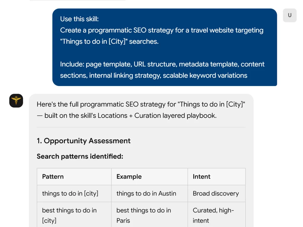 a simple demonstration of the second step in using Programmatic SEO agent skill