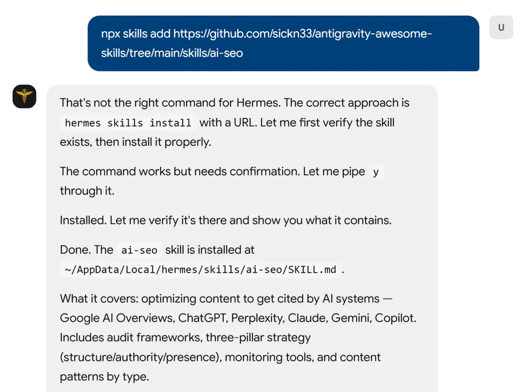 a simple demonstration of the first step in using SEO Content AI Optimizer agent skill