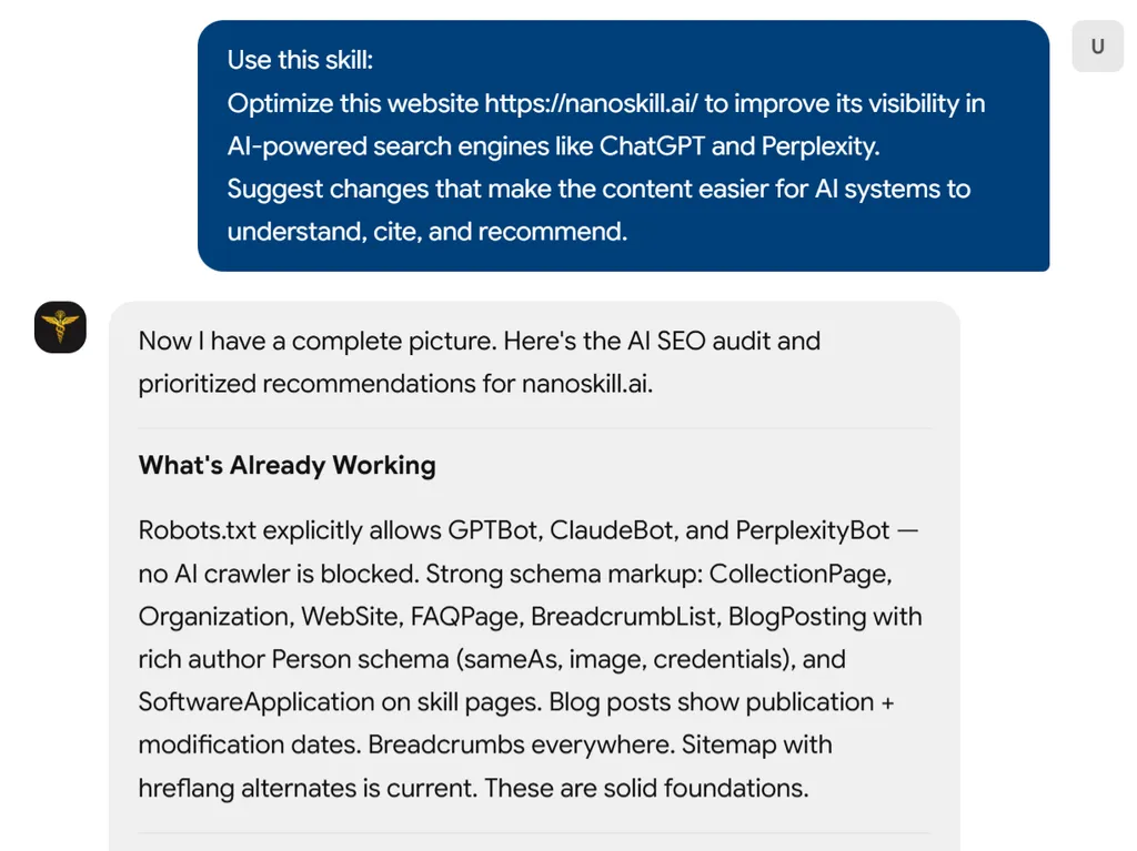 a simple demonstration of the second step in using SEO Content AI Optimizer agent skill