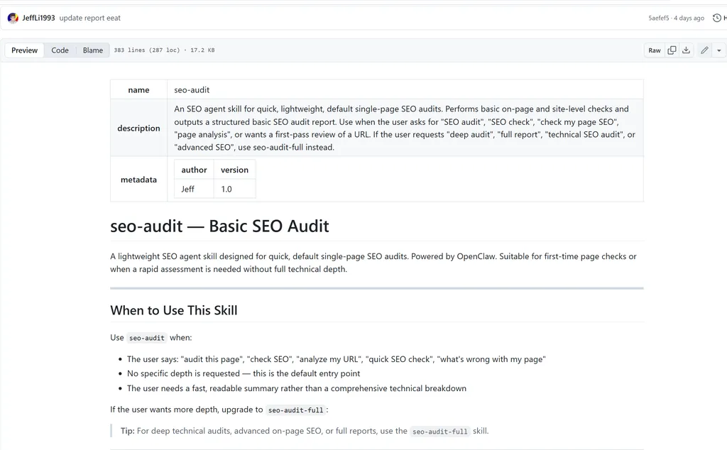 SEO audit.png A screenshot of a GitHub documentation page describing a skill named
