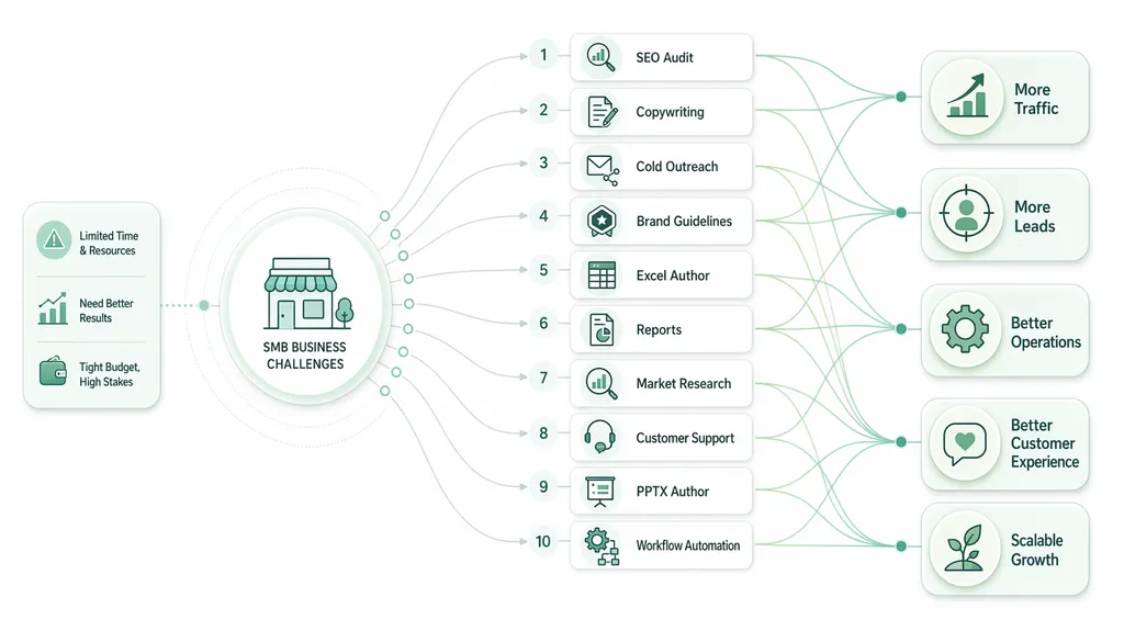 SMB flowchart A flowchart diagram illustrating how AI agent skills address SMB business challenges. On the left, a box lists common constraints: