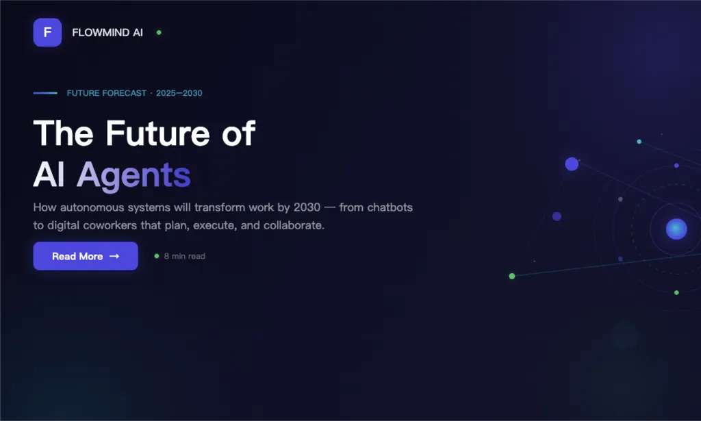 <img src="outcome-1.png" alt="A dark-themed Twitter Card preview for FlowMind AI featuring the headline 'The Future of AI Agents' in large white and indigo typography. The design uses a futuristic navy-blue gradient background with subtle grid lines and connected-node graphics representing AI networks. A 'Read More' button appears below the headline alongside an estimated reading time, creating a clean, modern SaaS-style layout optimized for social media engagement." />