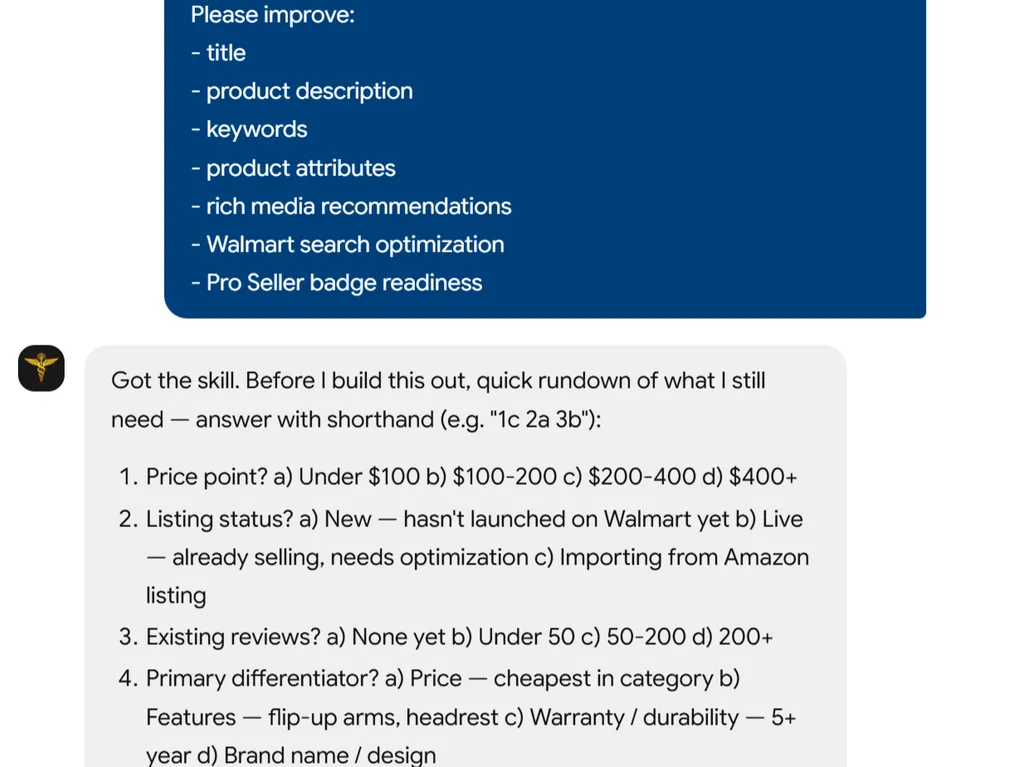 a simple demonstration of the second step in using Walmart Listing Optimization agent skill