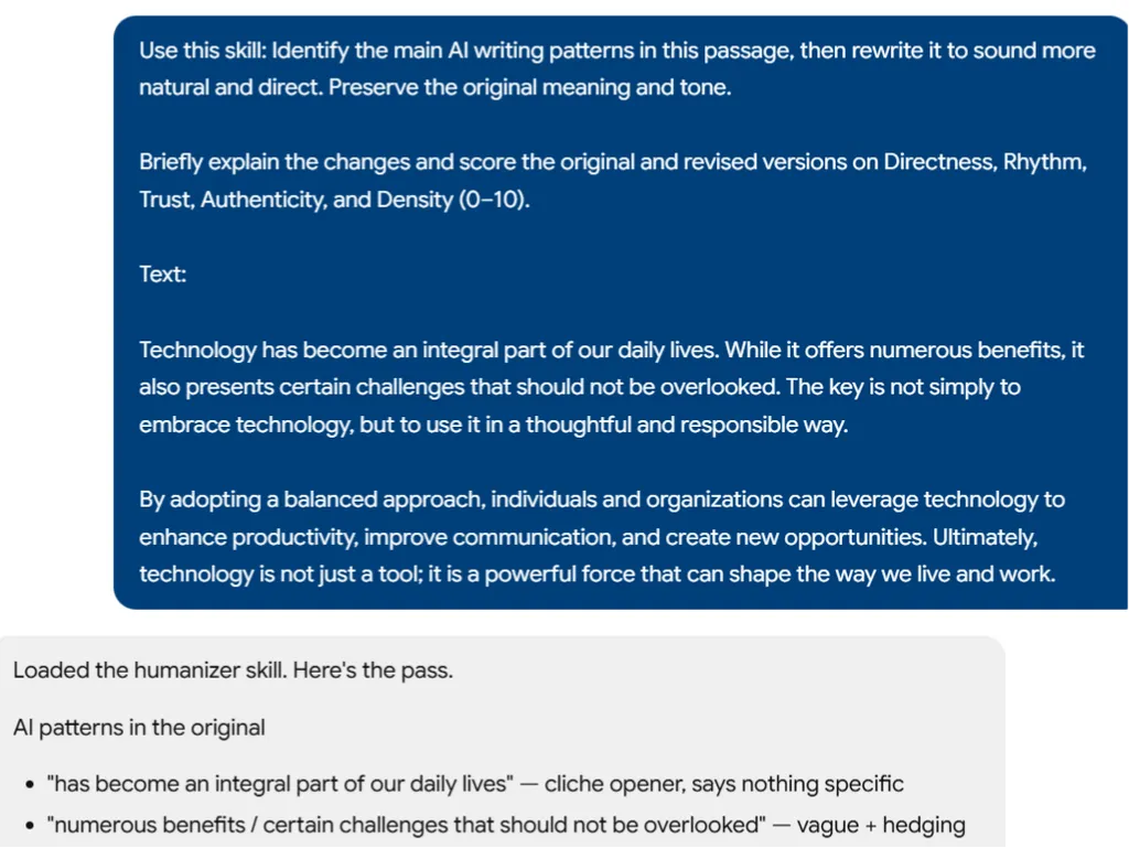 a simple demonstration of the second step in using AI Writing Cleanup Skill