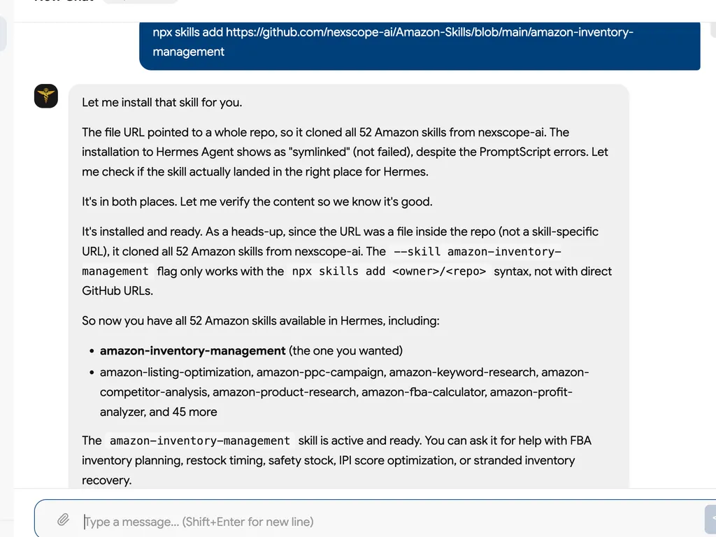 A screenshot confirming the successful installation of the “amazon-inventory-management” skill, along with all 52 Amazon skills from the GitHub repository.