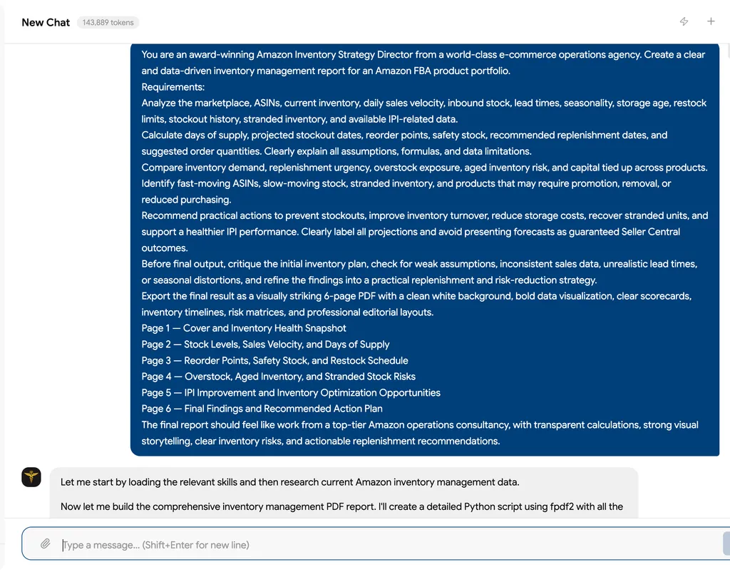 A screenshot showing a detailed Amazon FBA inventory management prompt and the assistant beginning to build a six-page data-driven PDF report.