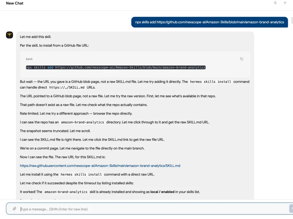 A screenshot showing the successful installation of the “amazon-brand-analytics” skill after locating and using its raw GitHub SKILL.md file.