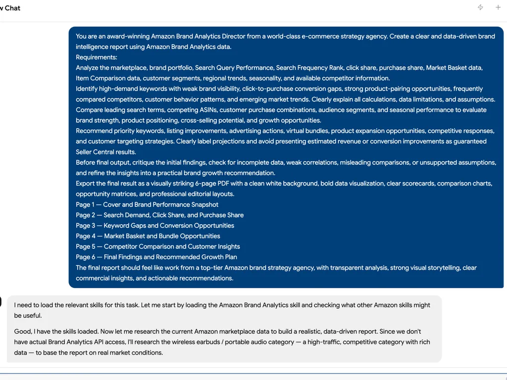 A screenshot showing an Amazon Brand Analytics report prompt and the assistant preparing a data-driven wireless earbuds market analysis without direct Brand Analytics API access.