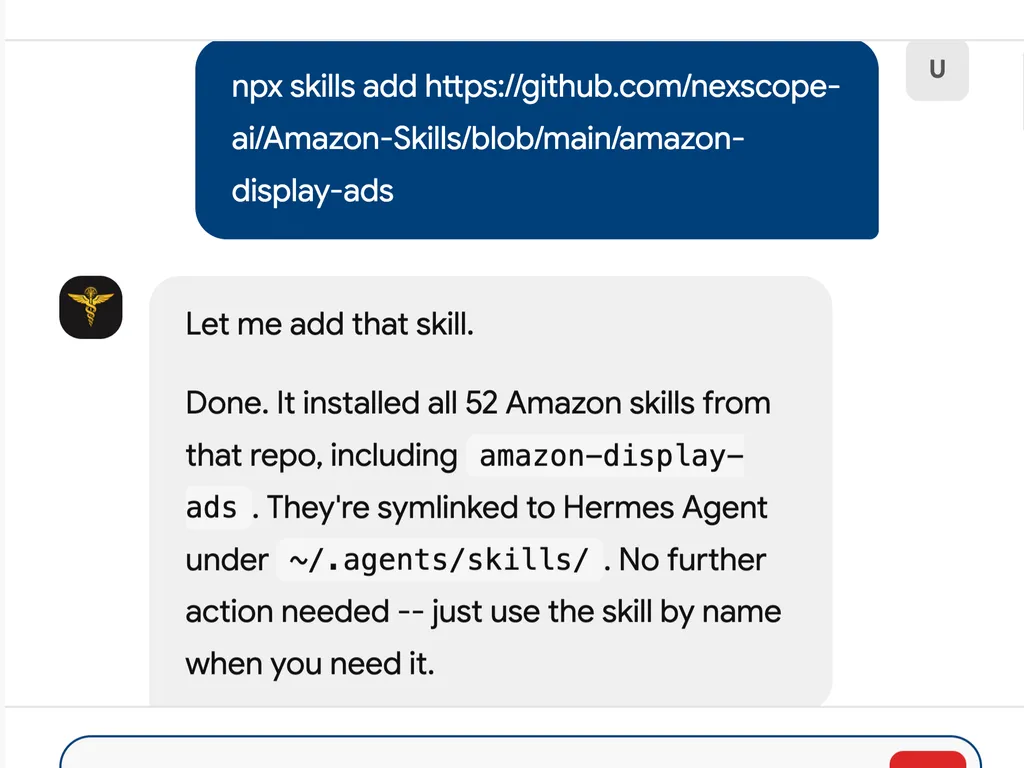 A screenshot confirming the installation of the “amazon-display-ads” skill along with all 52 Amazon skills from the GitHub repository.