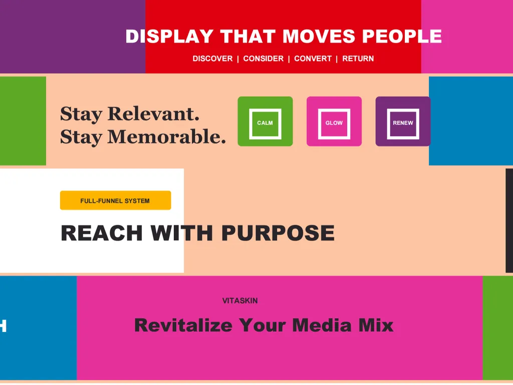 A vibrant VitaSkin display advertising report cover promoting a full-funnel strategy to stay relevant, memorable, and drive purposeful reach.