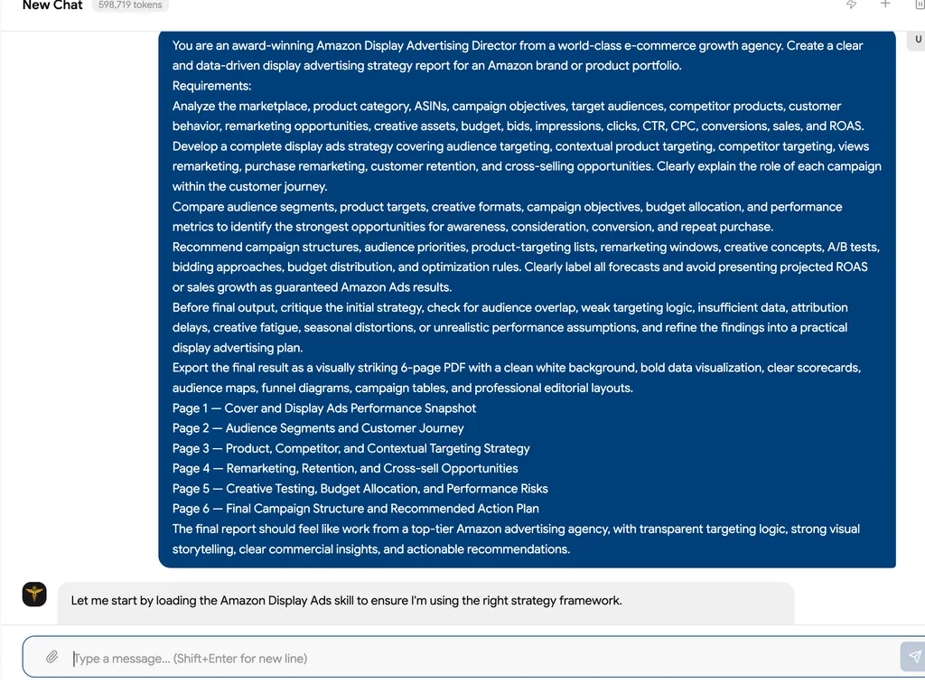 A screenshot showing an Amazon display advertising strategy prompt and the assistant loading the relevant skill to prepare a six-page data-driven campaign report.