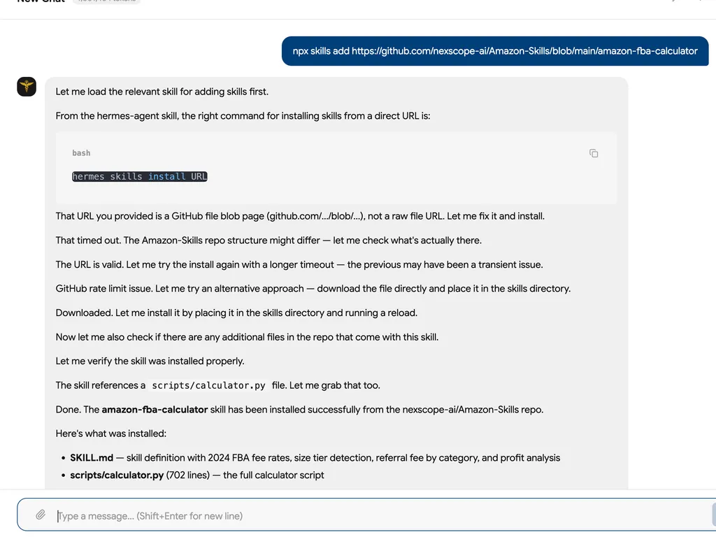 The screenshot shows an AI assistant successfully installing the amazon-fba-calculator skill from a GitHub repository.