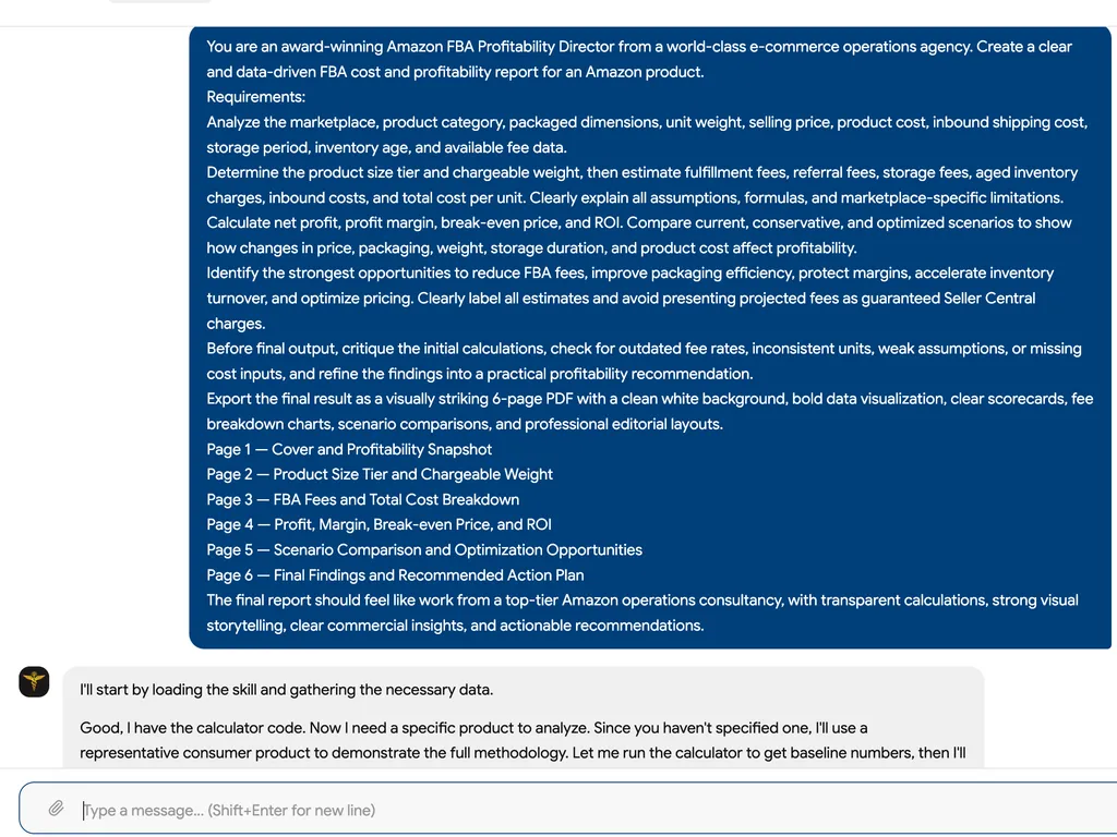 AI assistant loads FBA calculator to generate a 6-page Amazon profitability report, starting with baseline calculations using a representative product.