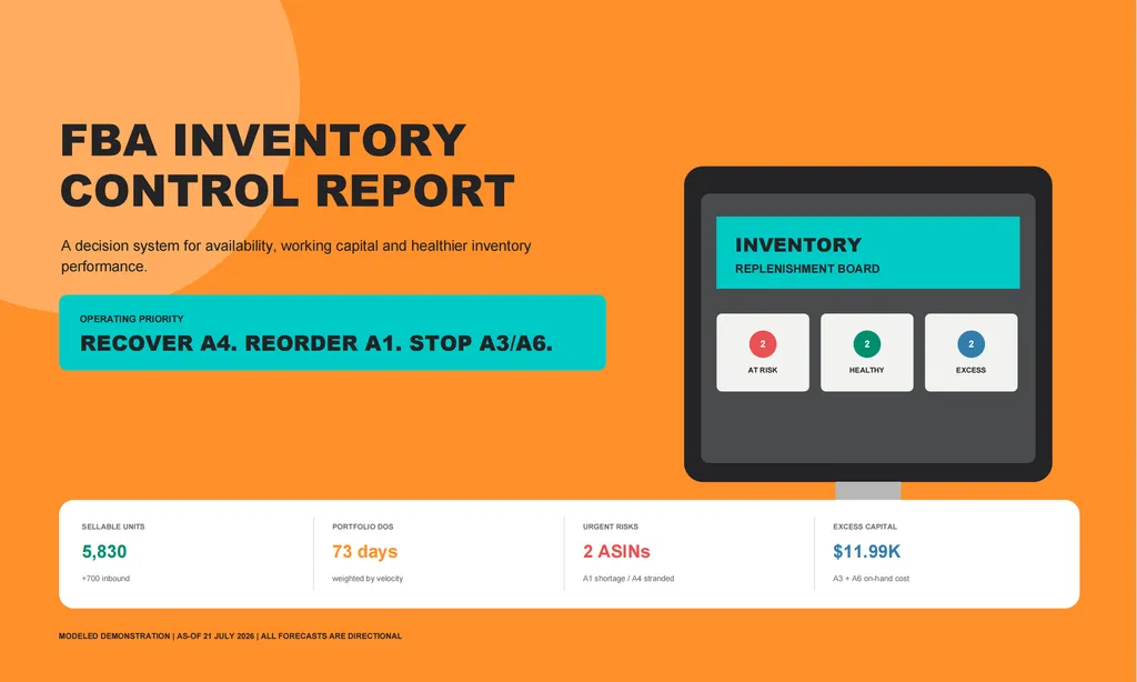 An orange FBA Inventory Control Report cover featuring a replenishment dashboard, 5,830 sellable units, 73 days of supply, two urgent ASIN risks, and $11.99K in excess capital.