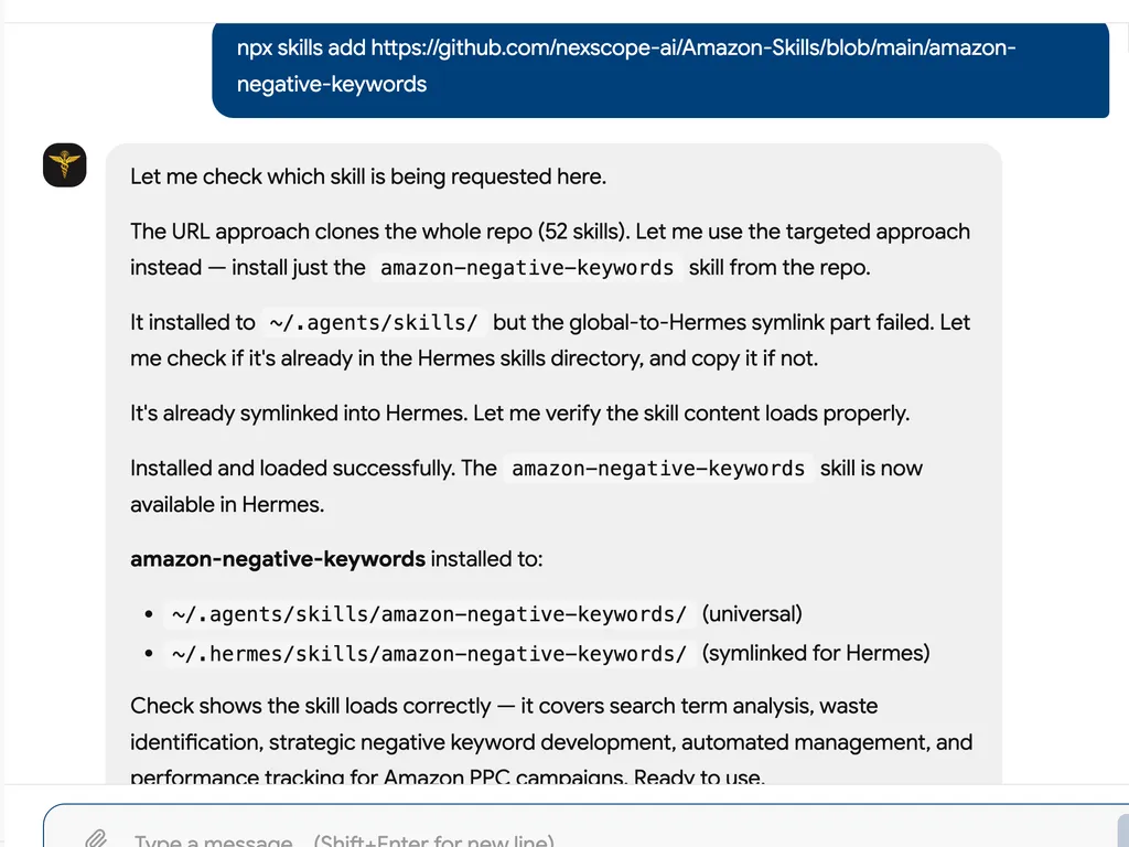 A screenshot confirming the successful installation of the “amazon-negative-keywords” skill for Amazon PPC search-term analysis, waste reduction, and campaign optimization.