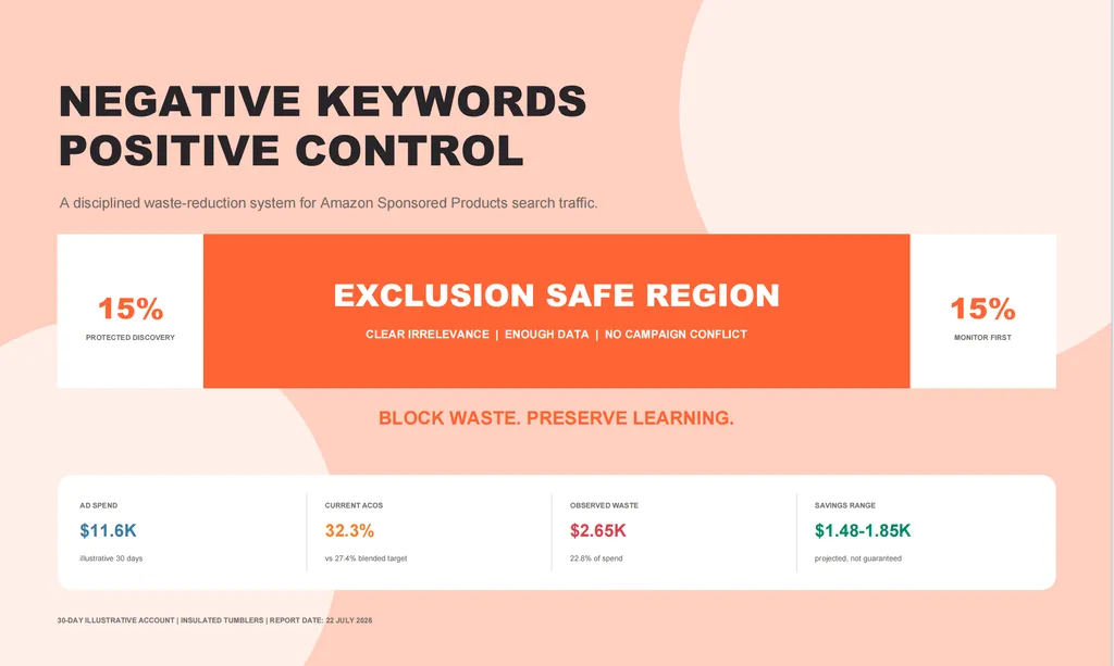 A peach-colored Amazon PPC report cover highlighting negative keyword control, $2.65K in observed waste, and projected savings of $1.48K–$1.85K.