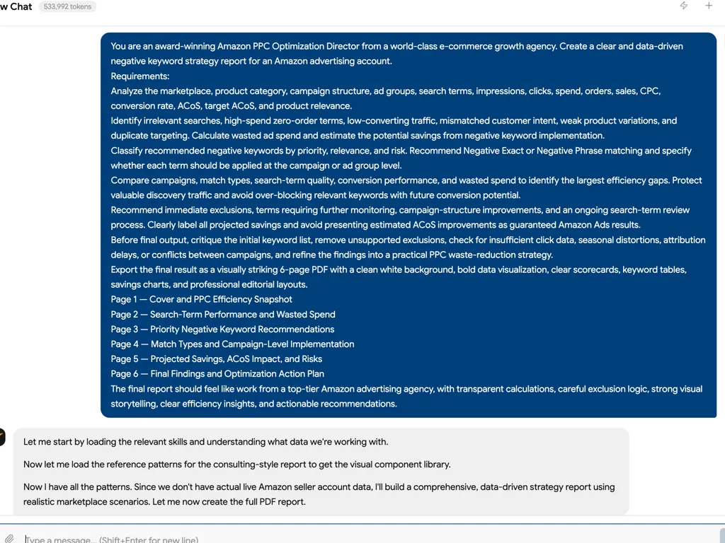 A screenshot showing an Amazon PPC negative keyword strategy prompt and the assistant preparing a six-page data-driven campaign optimization report using realistic marketplace scenarios.