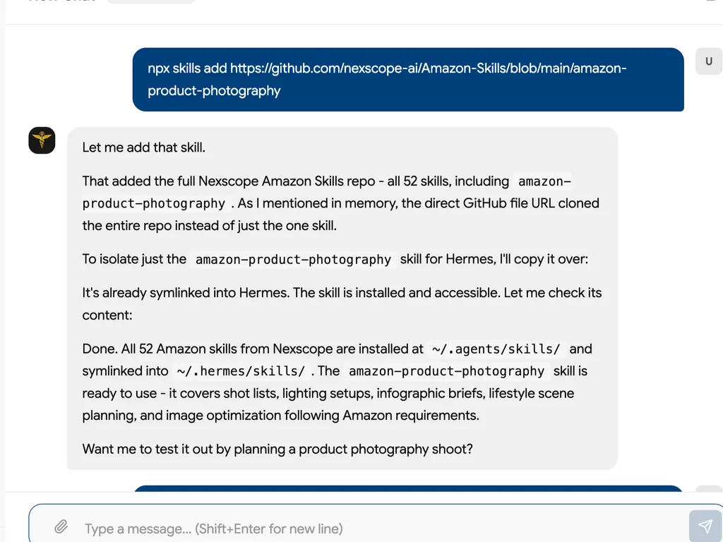 A screenshot confirming that the “amazon-product-photography” skill and all 52 Amazon skills were successfully installed and are ready to use in Hermes.