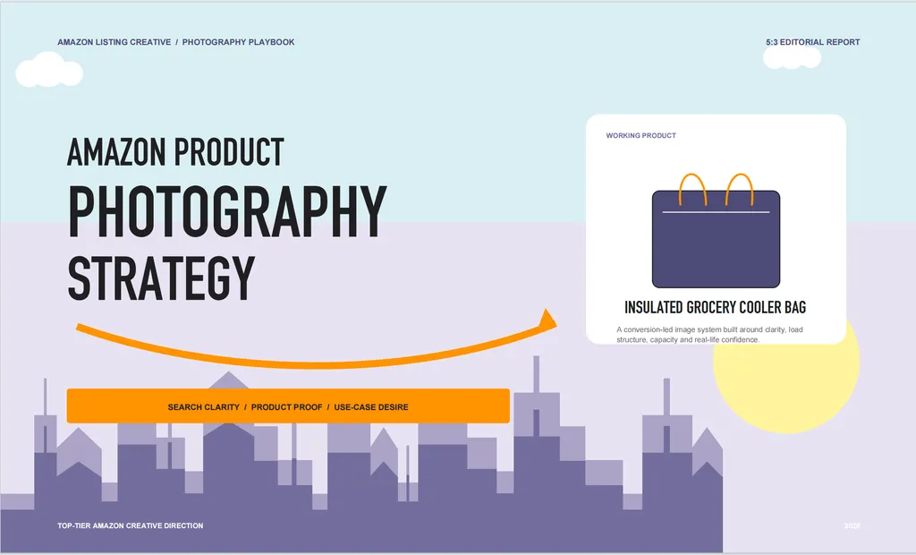 A polished Amazon Product Photography Strategy cover featuring an insulated grocery cooler bag and a conversion-focused visual framework built around clarity, product proof, and real-life use cases.