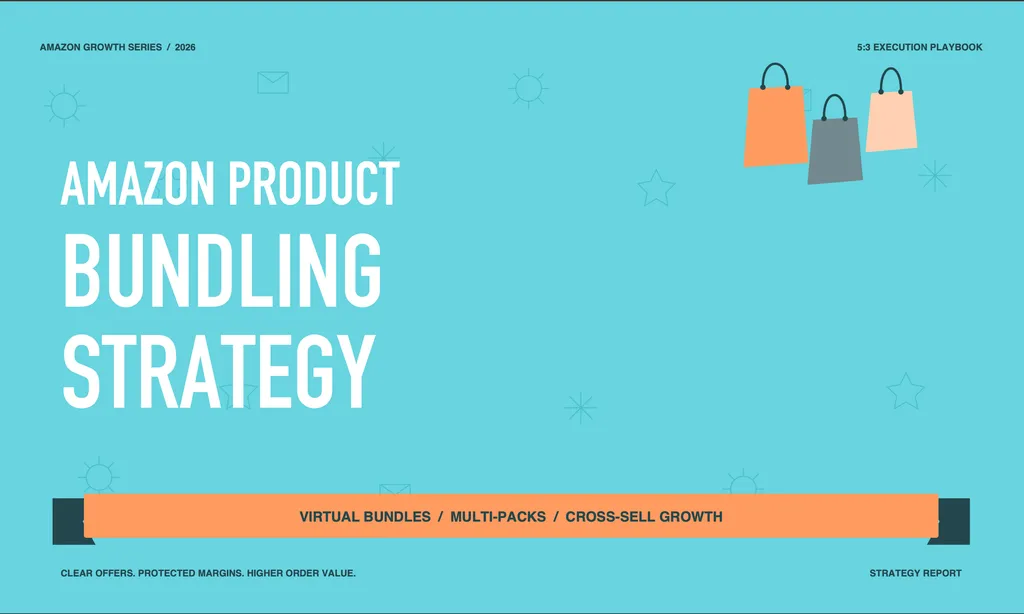 Strategy report cover titled 'AMAZON PRODUCT BUNDLING STRATEGY' in large bold white sans-serif font, centered-left on a solid turquoise background. Top-left corner: small black text 'AMAZON GROWTH SERIES / 2026'. Top-right: '5:3 EXECUTION PLAYBOOK' in black. Right side: illustration of three shopping bags — orange, gray, and light peach — with black handles, floating near top-right. Background features subtle line icons: suns, stars, envelopes, asterisks. Bottom: wide orange banner with black text 'VIRTUAL BUNDLES / MULTI-PACKS / CROSS-SELL GROWTH', flanked by dark navy rectangular blocks. Bottom-left: tagline 'CLEAR OFFERS. PROTECTED MARGINS. HIGHER ORDER VALUE.' in small black caps. Bottom-right: 'STRATEGY REPORT' in black. Clean, modern, e-commerce growth aesthetic.