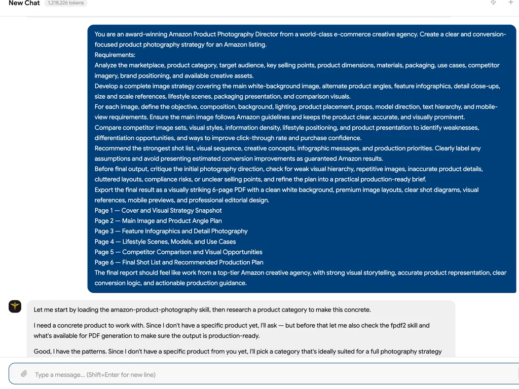 A screenshot showing an Amazon product photography strategy prompt and the assistant preparing a six-page, production-ready visual planning report.