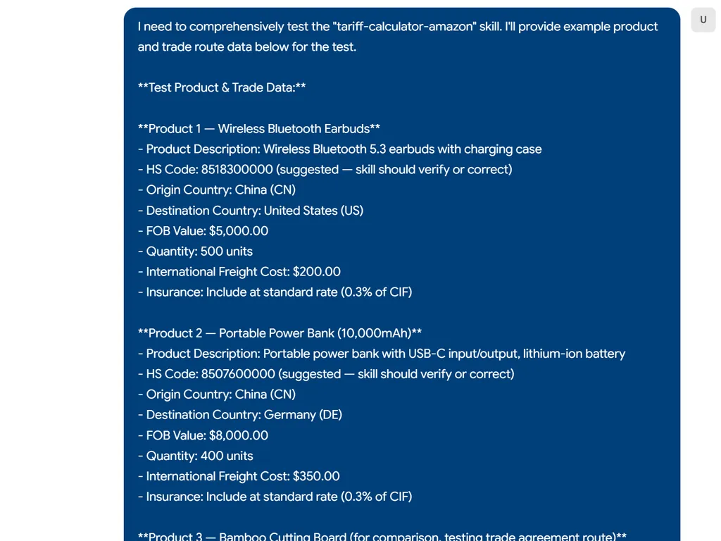 the step of amazon tariff calculator agent skill