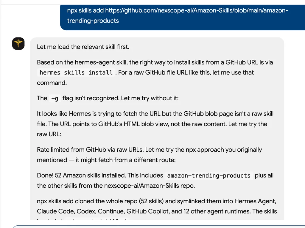 A screenshot showing the successful installation of the “amazon-trending-products” skill along with all 52 Amazon skills from the GitHub repository.