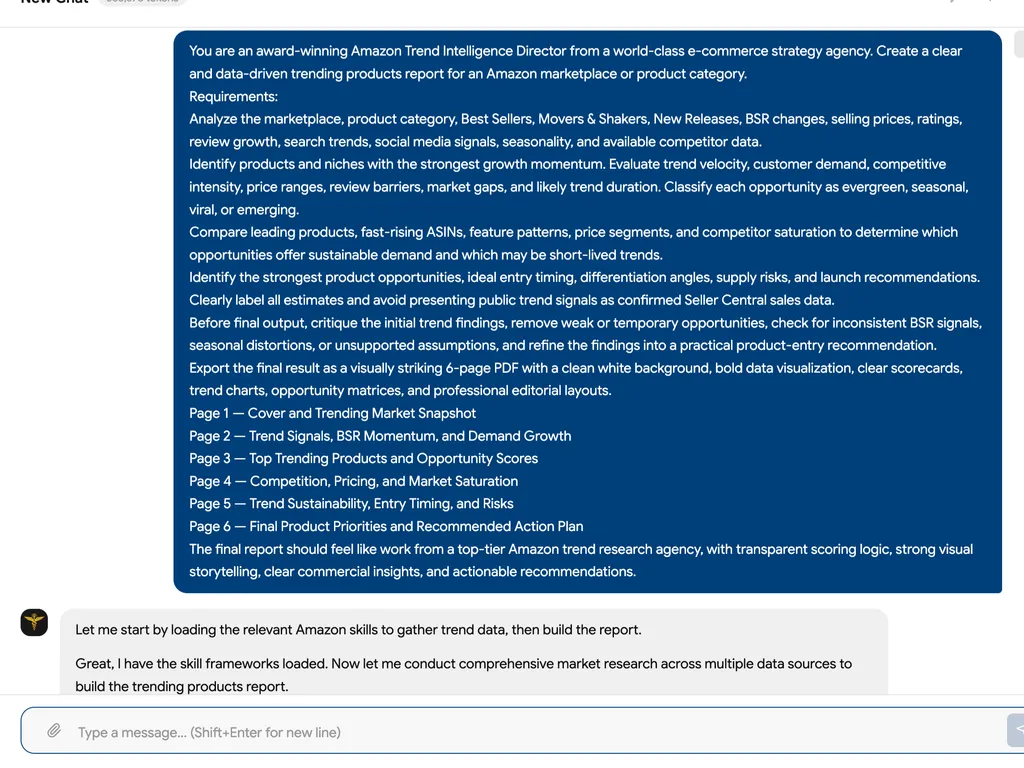A screenshot showing a detailed Amazon trending products report prompt and the assistant preparing to research market trends and build a six-page data-driven report.