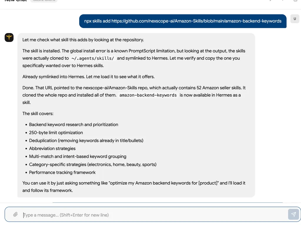 A chat interface confirms the successful installation of an Amazon backend keyword optimization skill and summarizes its key features.