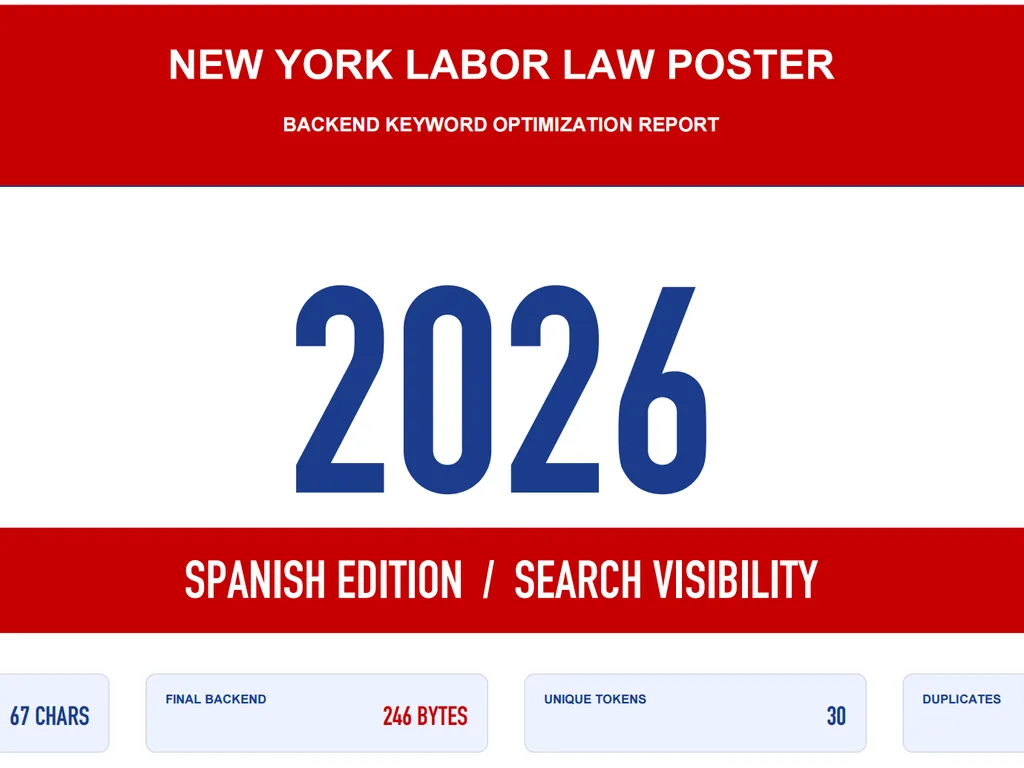 A bold red, white, and blue report cover presents the 2026 Spanish-edition backend keyword optimization results for a New York labor law poster.