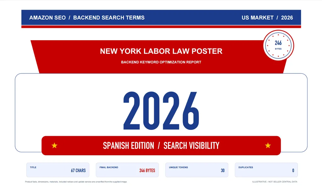 A polished Amazon SEO report cover highlights the 2026 Spanish-edition New York labor law poster, featuring a 246-byte backend keyword set, 30 unique tokens, and zero duplicates.