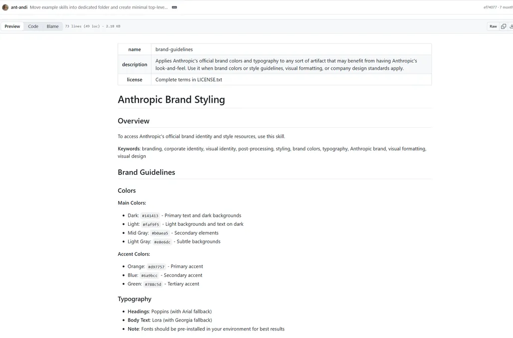 brand guidelines A screenshot of a GitHub documentation page describing a skill named