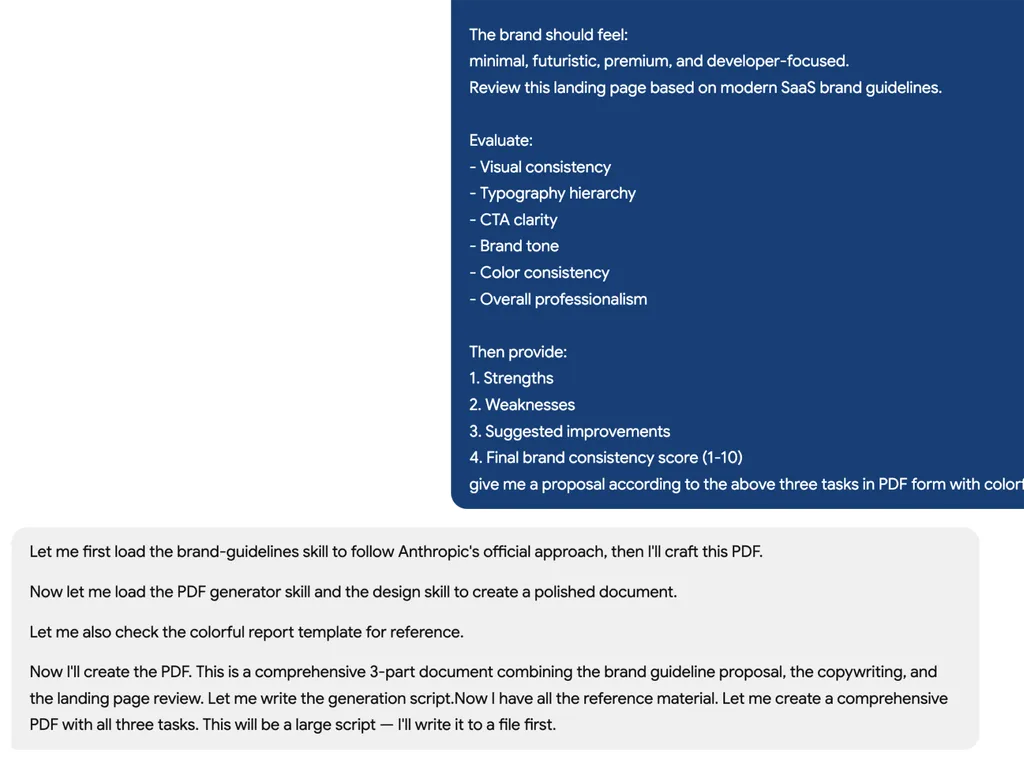 <img src="brand-guidelines-2" alt="A screenshot of an AI assistant terminal conversation showing the installation of a GitHub-hosted skill package called 'brand-guidelines'. The assistant explains the installation process, including handling an installation scope prompt, rerunning the command with default options, and successfully completing the setup. The status log confirms installation into the local skills directory, symbolic linking for Hermes Agent compatibility, and successful security scans across multiple environments. The final message explains that the skill applies Anthropic’s official brand colors, typography, and visual identity standards when generating branded artifacts and design assets.">