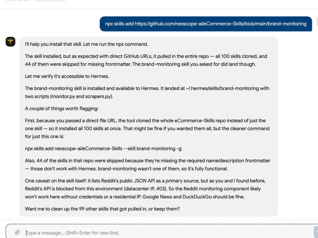 A chat screenshot confirms installation of the brand monitoring skill while warning that the supplied URL also installed other skills from the repository.