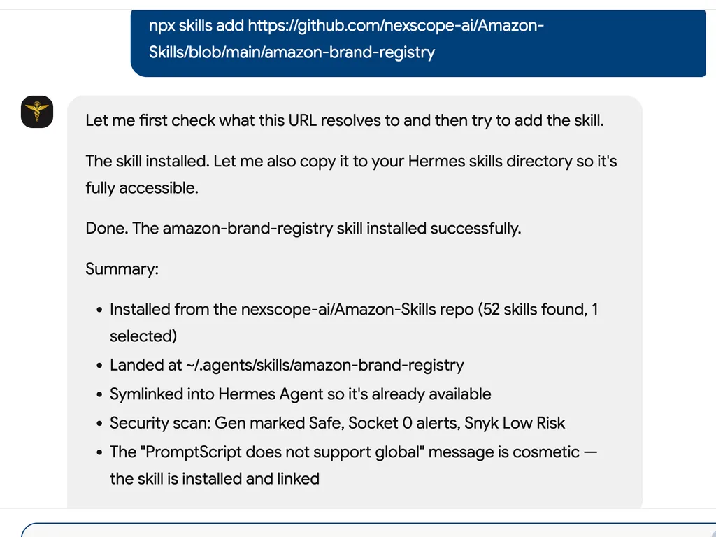 A chat interface confirms the successful installation and secure linking of the Amazon Brand Registry skill to the Hermes Agent.