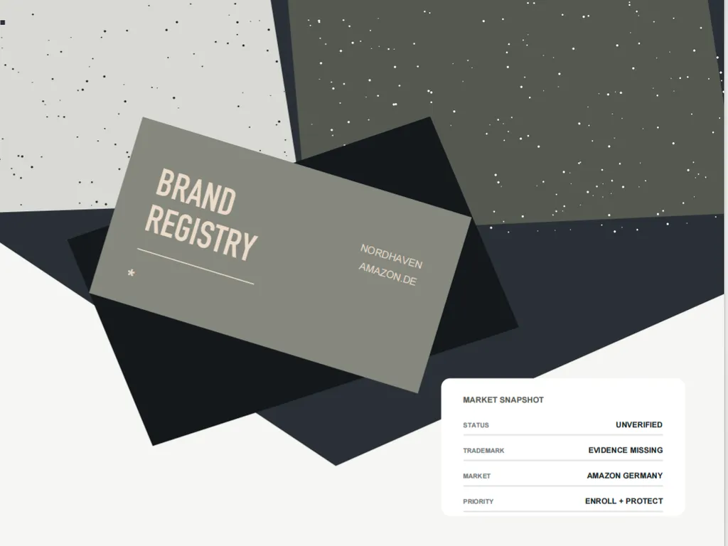 A minimalist Amazon Brand Registry report cover presents Nordhaven’s unverified trademark status, missing evidence, and priority to enroll and strengthen brand protection in Germany.