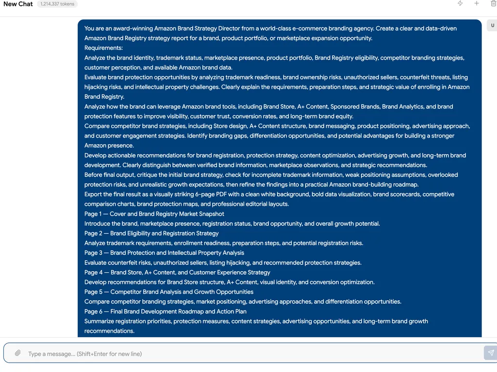 A chat interface displays a detailed prompt for creating a six-page Amazon Brand Registry strategy report covering eligibility, trademark readiness, brand protection, content optimization, competitor analysis, and long-term brand growth.