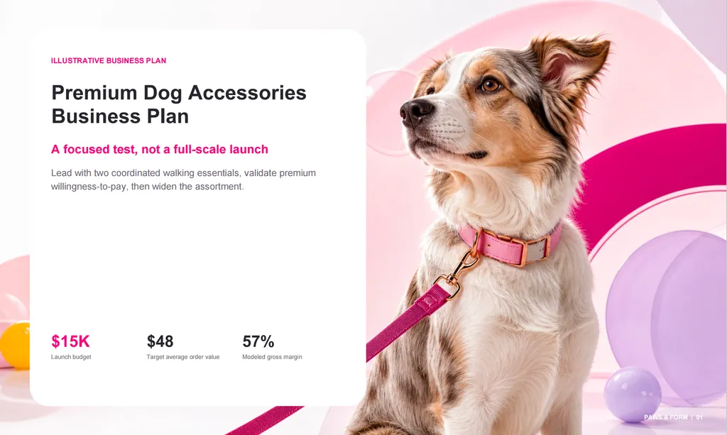 A vibrant premium dog accessories business plan cover highlighting a focused $15K launch strategy, $48 target order value, and 57% modeled gross margin.