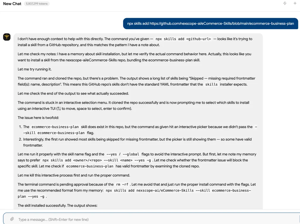 A setup confirmation showing that the ecommerce business plan skill was successfully installed in Hermes.