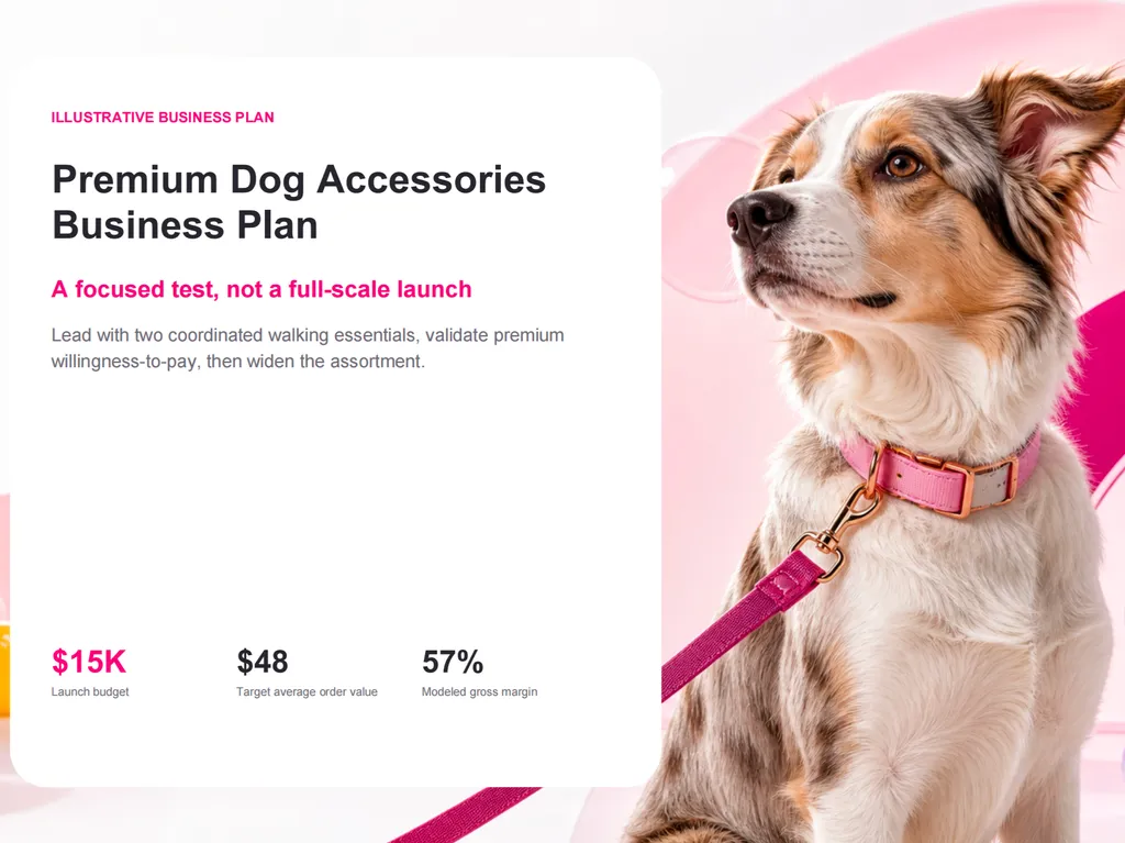 A polished business plan cover for a premium dog accessories brand, highlighting a $15K launch budget, $48 target order value, and 57% modeled gross margin.