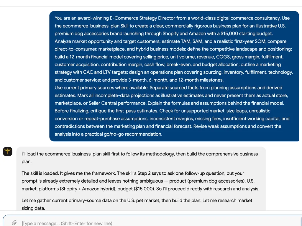 A troubleshooting chat showing the successful installation of the eCommerce Business Plan skill from a GitHub repository using the correct command flags.