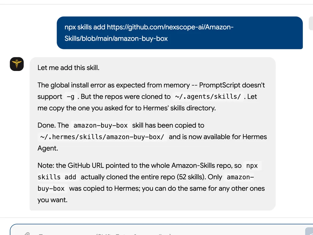 A screenshot confirming that the “amazon-buy-box” skill was successfully installed and made available in Hermes despite the unsupported global installation option.