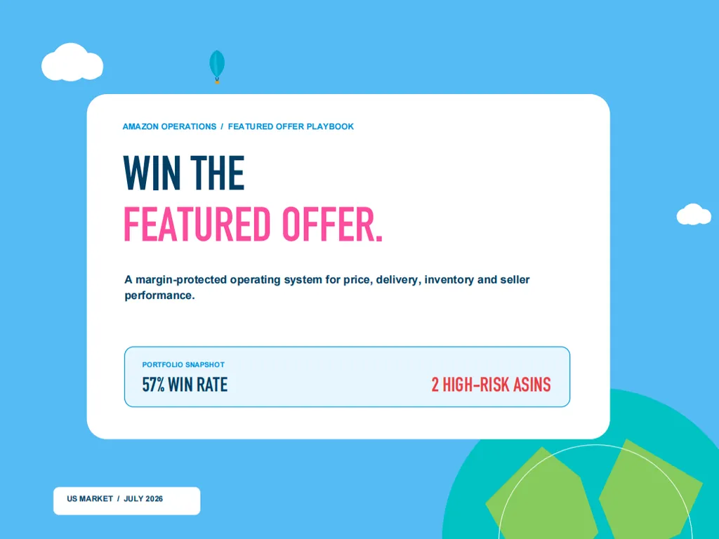 A blue Amazon Buy Box report cover highlighting a 57% Featured Offer win rate, two high-risk ASINs, and a margin-protected strategy for pricing, delivery, inventory, and seller performance.