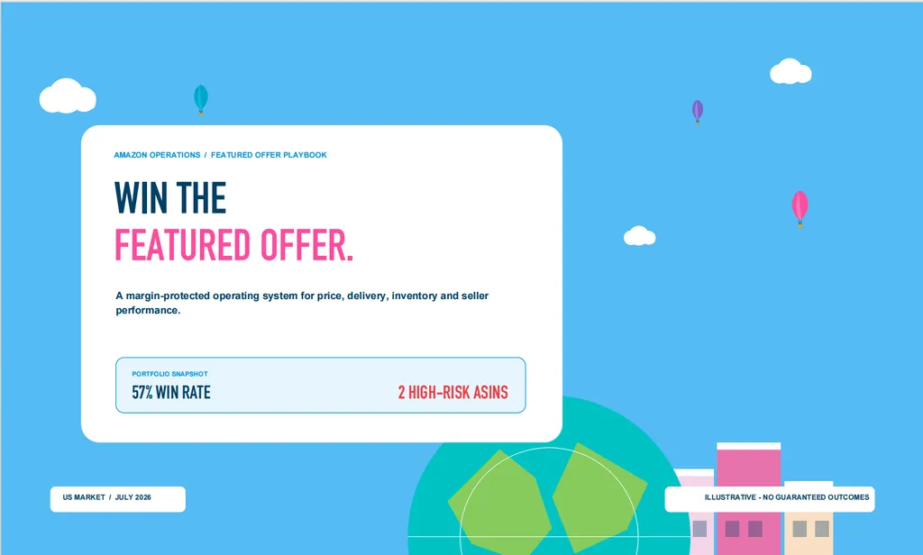 A blue Amazon Buy Box strategy report cover highlighting a 57% Featured Offer win rate, two high-risk ASINs, and a margin-protected approach to pricing, delivery, inventory, and seller performance.