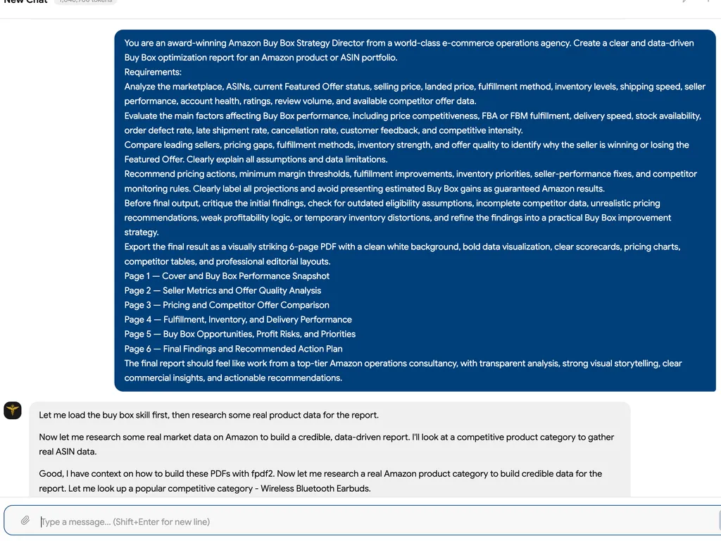 A screenshot showing an Amazon Buy Box optimization prompt and the assistant preparing a six-page data-driven report using real wireless earbuds market data.